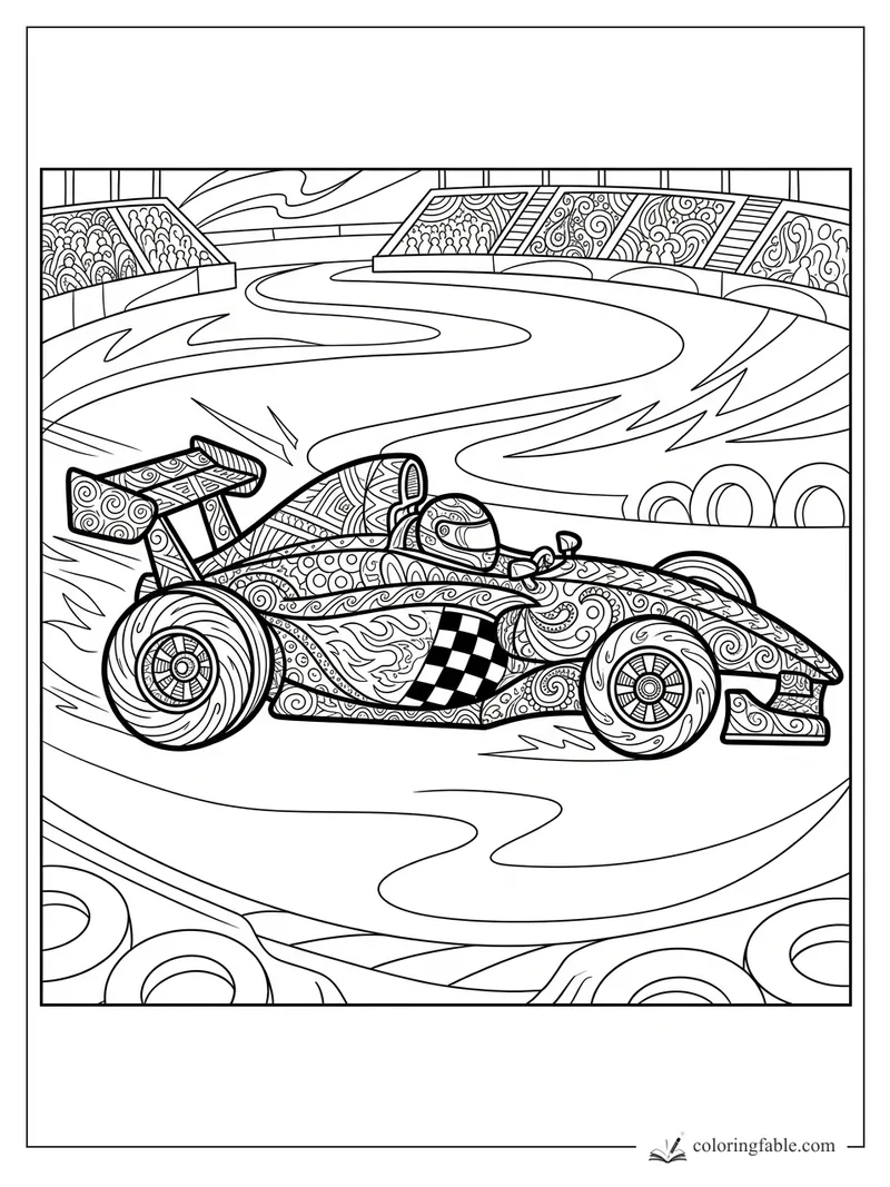 Intricate zentangle Formula race car with checkered side panel on a sweeping speedway track