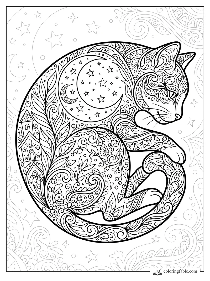 Intricate zentangle fox curled around a crescent moon, stars, leaves, flowers, and tiny houses