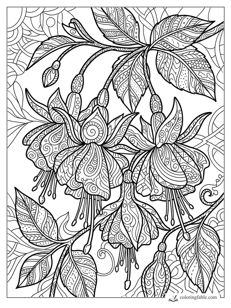 Intricate zentangle fuchsia flowers with dangling stamens, buds, vines, and patterned leaves.
