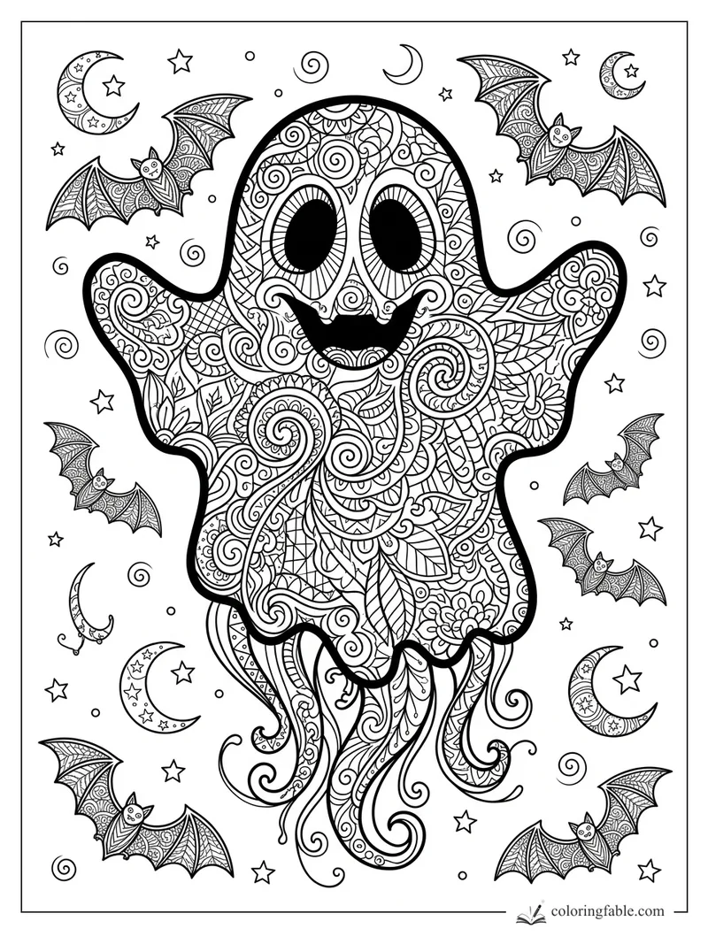 Intricate zentangle ghost with smiling face, patterned bats, crescent moons, stars, and swirling night details.