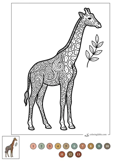 Zentangle Giraffe Reaching for a Leafy Sprig — color by number