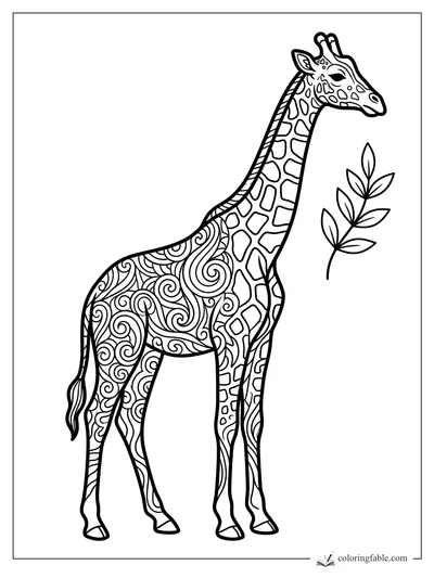 Intricate zentangle giraffe with swirl patterns, patchwork neck spots, and a leafy branch to color