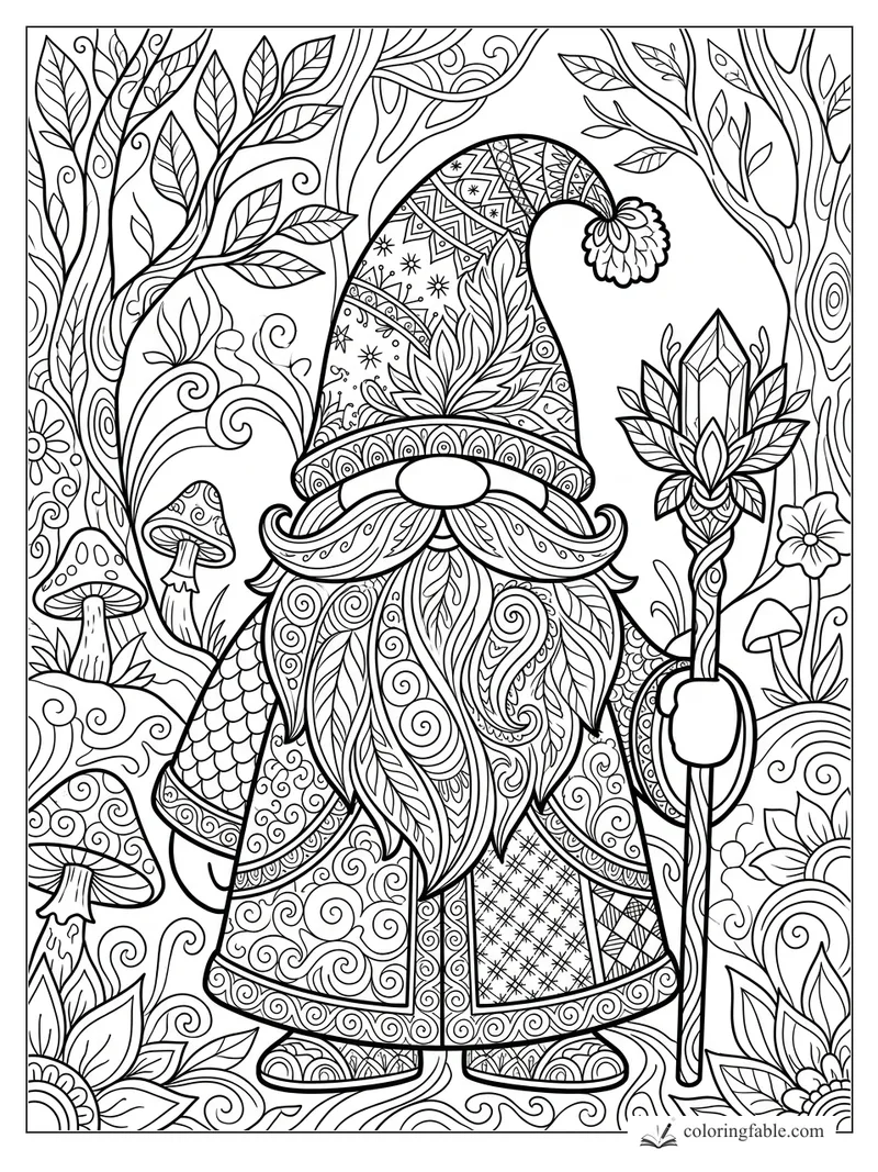 Intricate zentangle gnome with patterned hat, curled mustache, crystal staff, mushrooms, leaves, and tree trunks