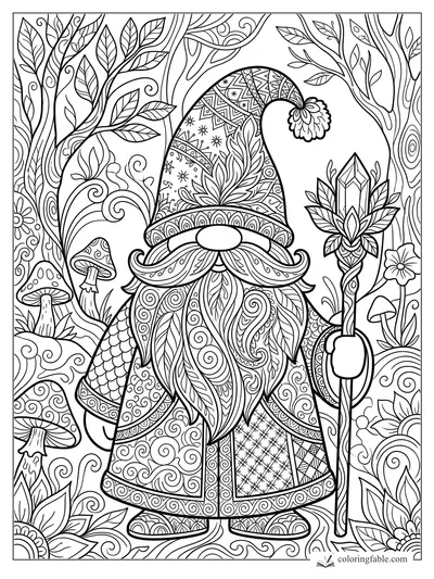Intricate zentangle gnome with patterned hat, curled mustache, crystal staff, mushrooms, leaves, and tree trunks
