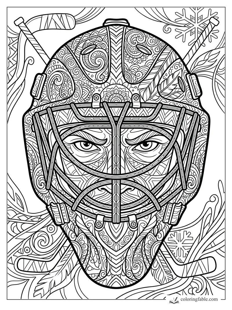 Intricate zentangle hockey goalie mask with intense eyes, crossed sticks, snowflakes, and swirling patterns