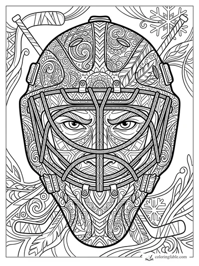 Intricate zentangle hockey goalie mask with intense eyes, crossed sticks, snowflakes, and swirling patterns