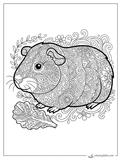Intricate zentangle guinea pig with floral patterns, leafy vines, and a large patterned leaf.