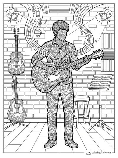 Intricate zentangle guitarist playing amid hanging guitars, music ribbons, spotlights, and sheet music.