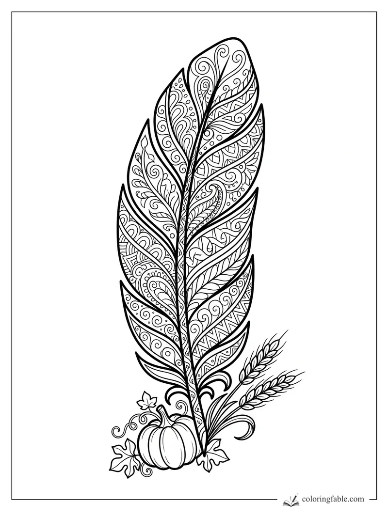 Intricate Thanksgiving zentangle feather with a pumpkin, maple leaves, and wheat stalks