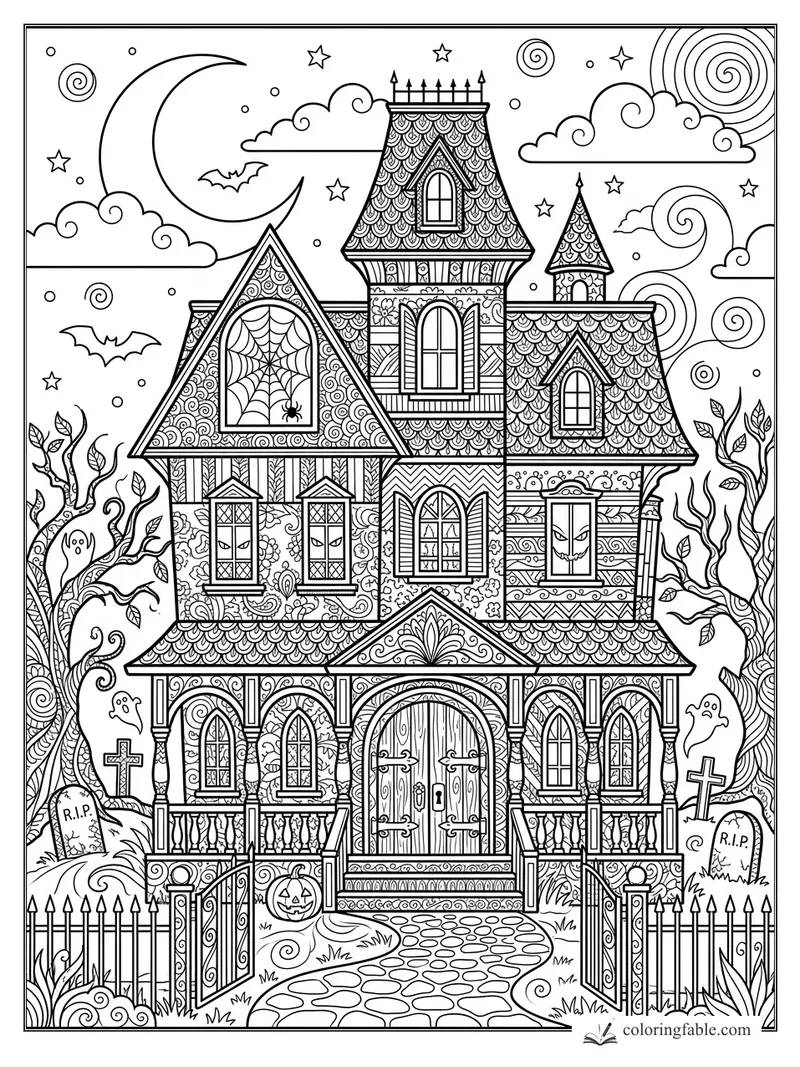 Intricate zentangle haunted house with crescent moon, bats, ghosts, pumpkins, graves, and twisted trees