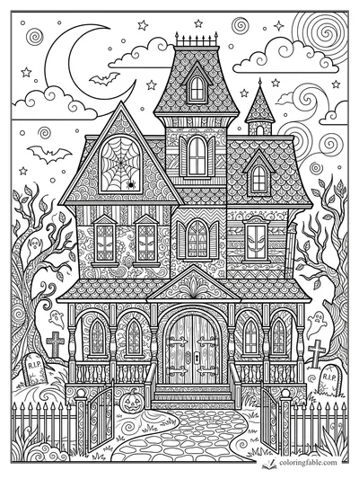 Intricate zentangle haunted house with crescent moon, bats, ghosts, pumpkins, graves, and twisted trees