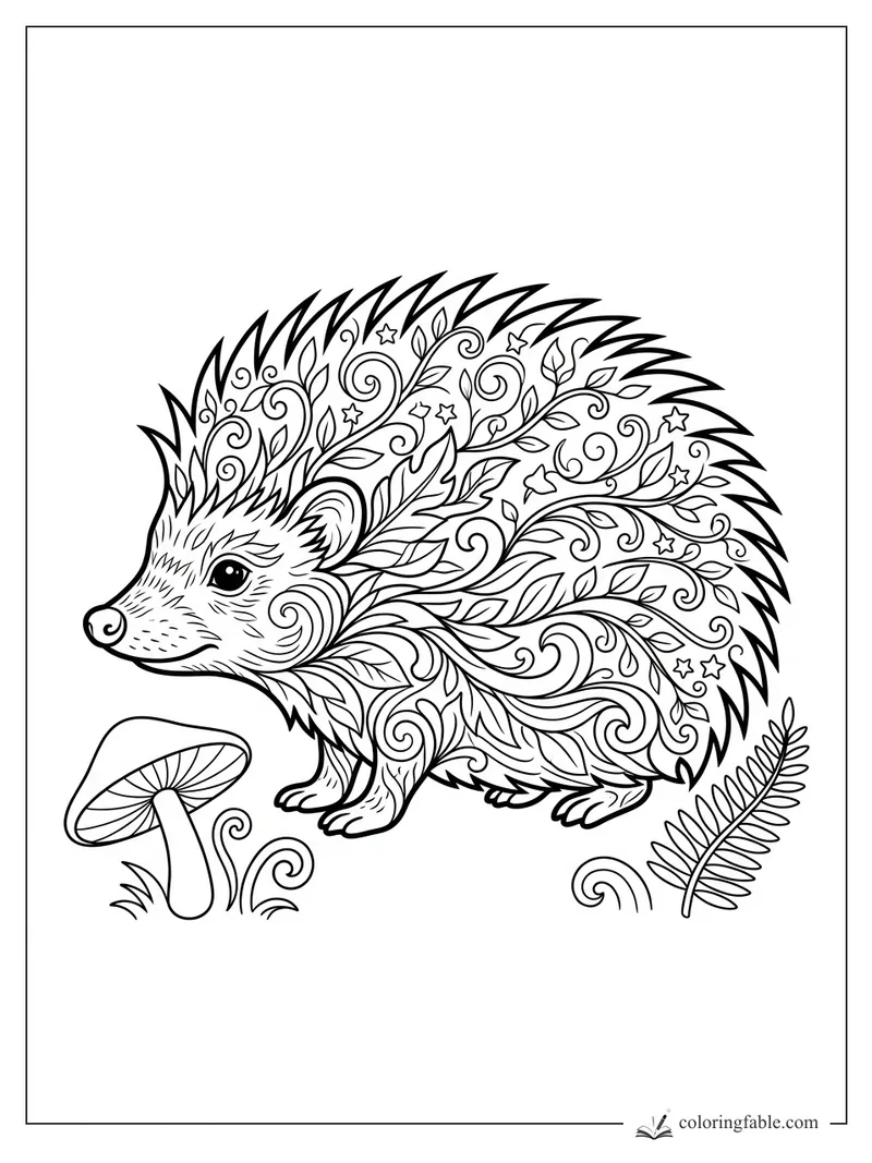 Intricate zentangle hedgehog with leafy quills, stars, swirls, mushroom, and fern frond