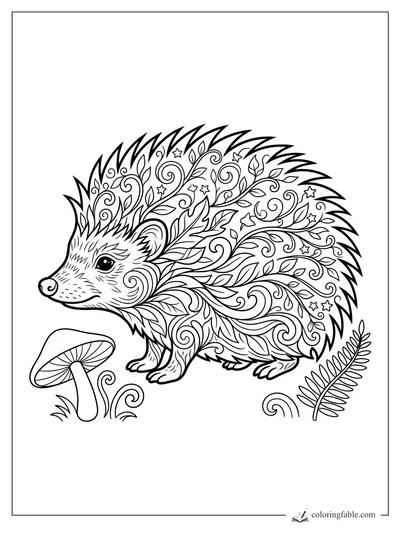 Intricate zentangle hedgehog with leafy quills, stars, swirls, mushroom, and fern frond