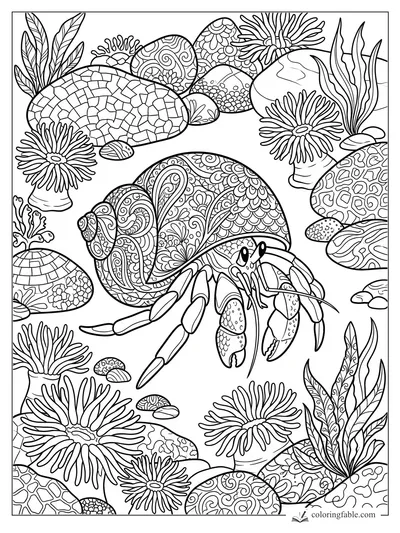 Intricate zentangle hermit crab with patterned shell, sea anemones, striped rocks, and waving sea plants.