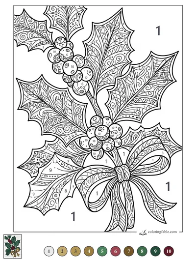 Zentangle Holly Sprig with Ribbon Bow — color by number