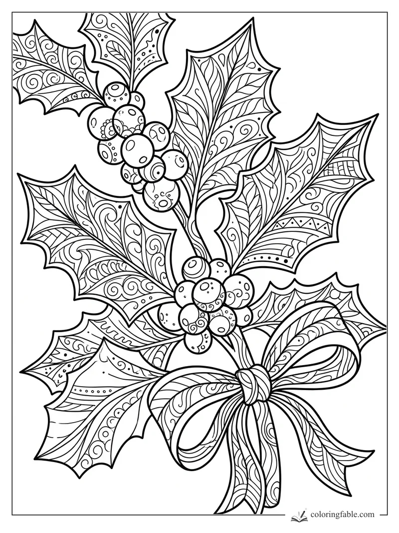 Intricate zentangle holly leaves, berry clusters, and a looping Christmas ribbon bow.
