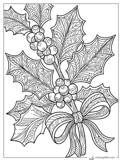 Intricate zentangle holly leaves, berry clusters, and a looping Christmas ribbon bow.