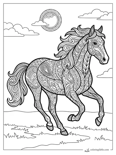 Intricate zentangle horse trotting with flowing mane, clouds, grass, and a patterned sun