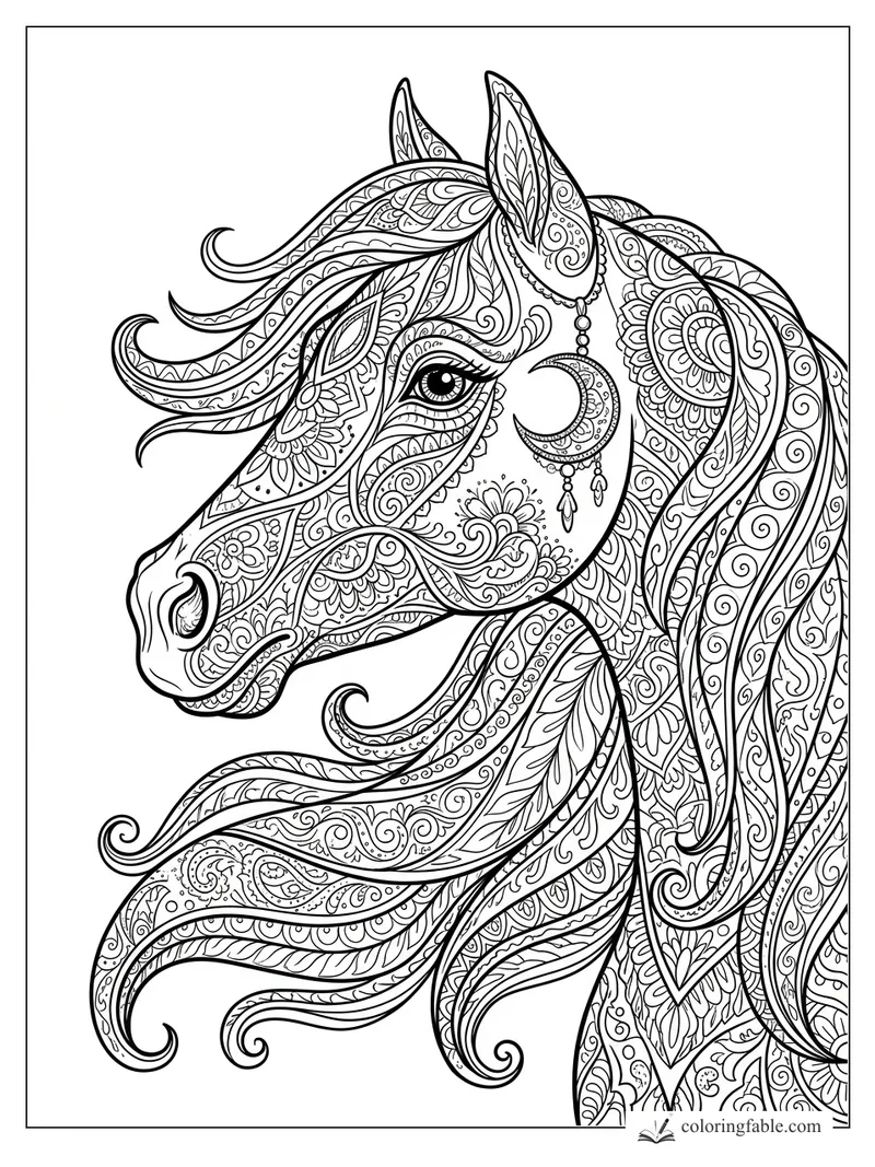 Intricate zentangle horse head with flowing mane, alert eye, leaf patterns, flowers, swirls, and crescent moon charm.