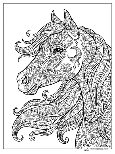 Intricate zentangle horse head with flowing mane, alert eye, leaf patterns, flowers, swirls, and crescent moon charm.
