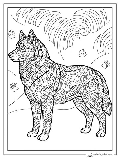 Intricate zentangle husky standing under swirling sky arcs with paw-print motifs.