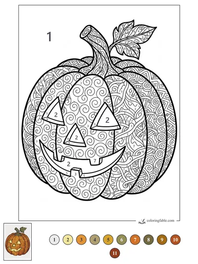 Zentangle Jack-o’-Lantern with Leafy Stem — color by number