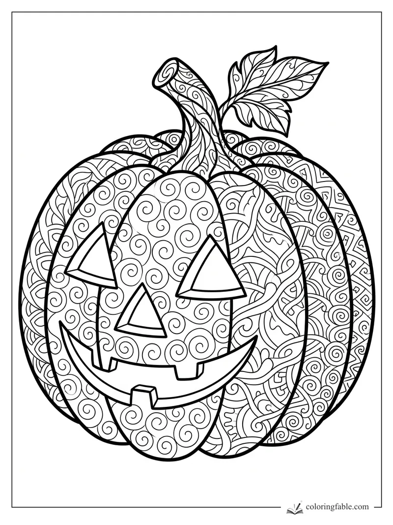 Intricate zentangle jack-o’-lantern with spiral patterns, triangle eyes, wide grin, curling stem, and leaf.