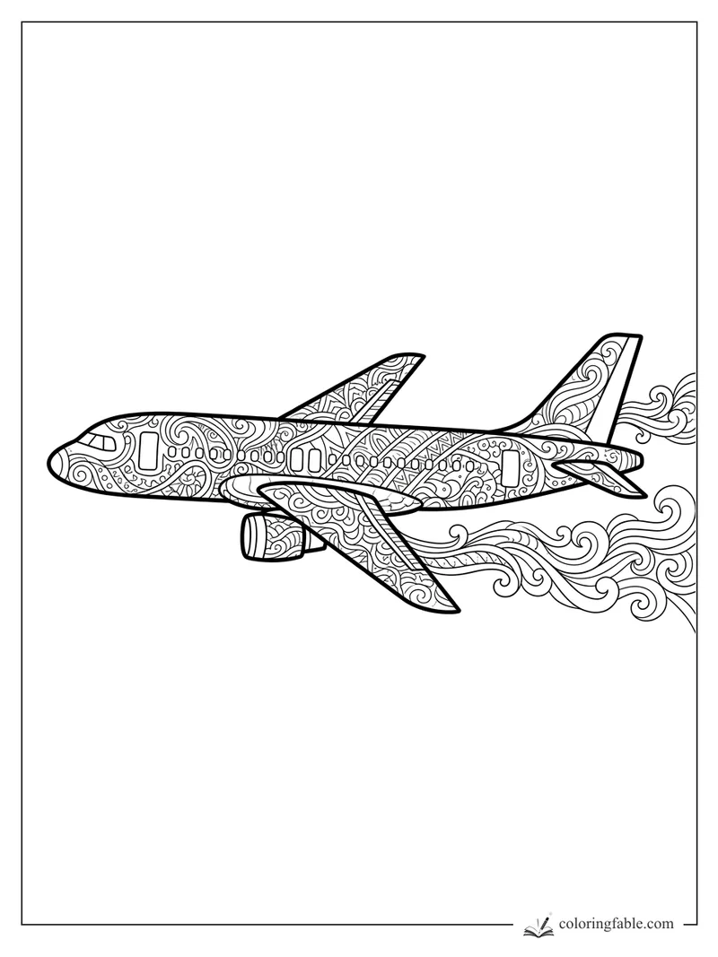Intricate zentangle airplane in side view with patterned wings, tail, windows, engine, and curling wake