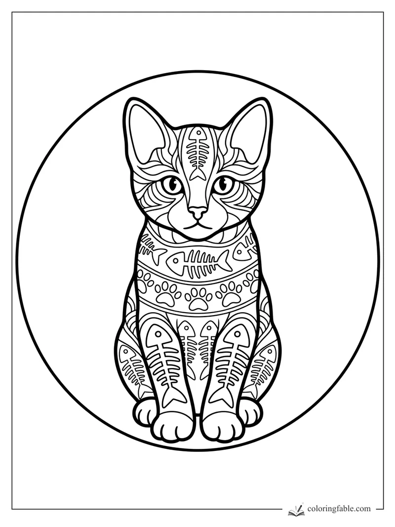 Intricate zentangle kitten with fishbone patterns, paw prints, large ears, and a circular frame