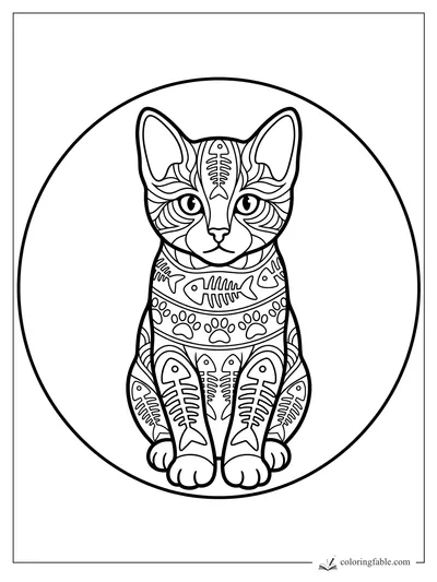Intricate zentangle kitten with fishbone patterns, paw prints, large ears, and a circular frame