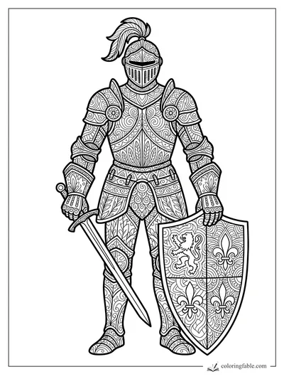 Intricate zentangle knight in full armor holding a sword and quartered shield with lion and fleur-de-lis designs.