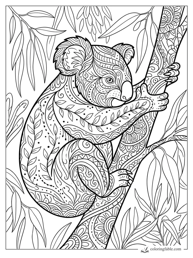 Intricate zentangle koala hugging a decorated eucalyptus trunk among long gum leaves