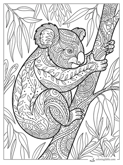 Intricate zentangle koala hugging a decorated eucalyptus trunk among long gum leaves