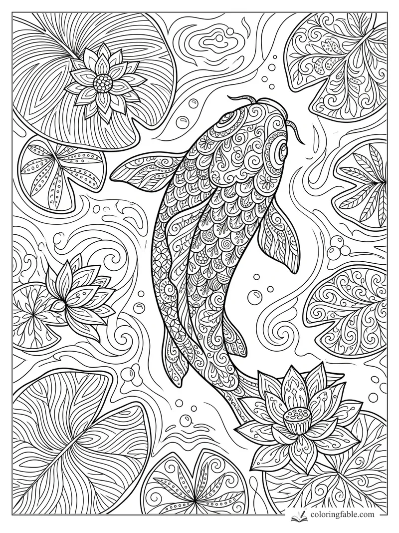 Intricate zentangle koi swimming upward between lotus flowers, lily pads, bubbles, and swirling water lines.