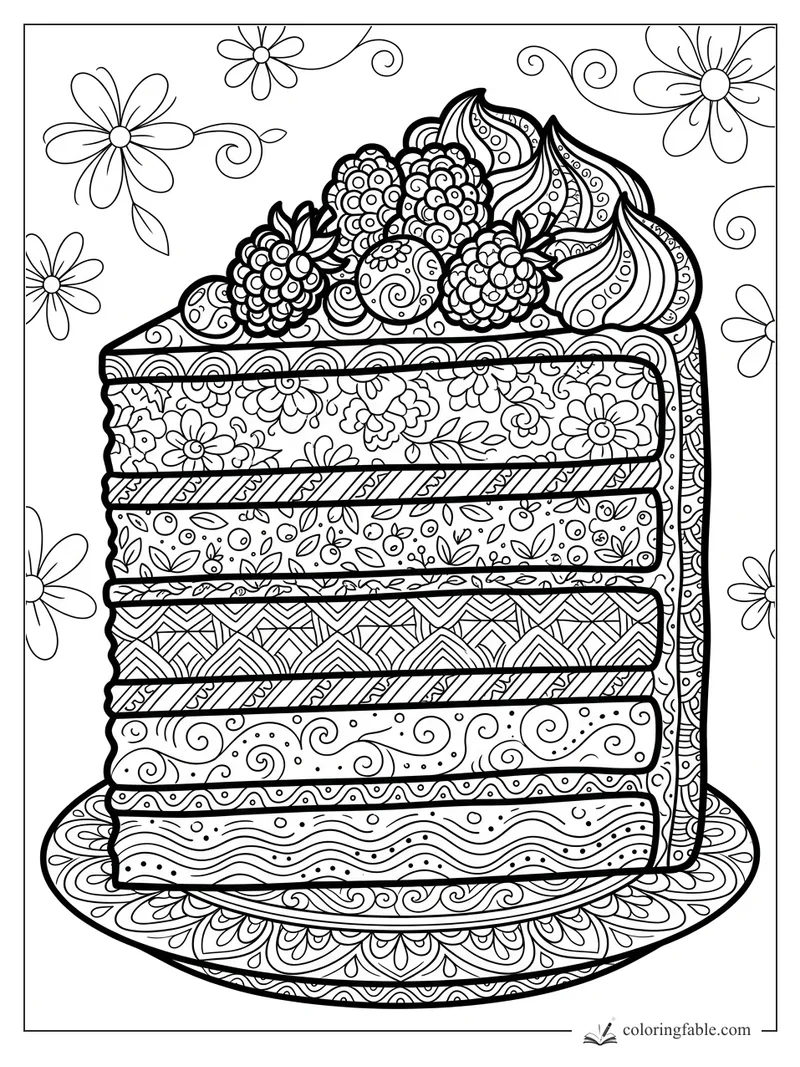Intricate zentangle layer cake slice with berries, whipped swirls, flowers, and patterned plate