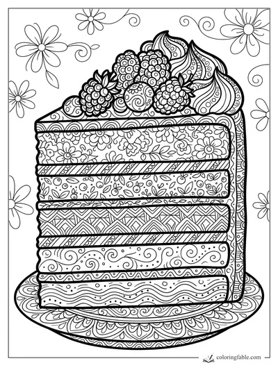 Intricate zentangle layer cake slice with berries, whipped swirls, flowers, and patterned plate