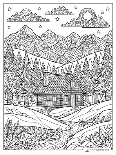 Intricate zentangle log cabin among pine trees, mountains, patterned clouds, sun, stars, and winding stream.