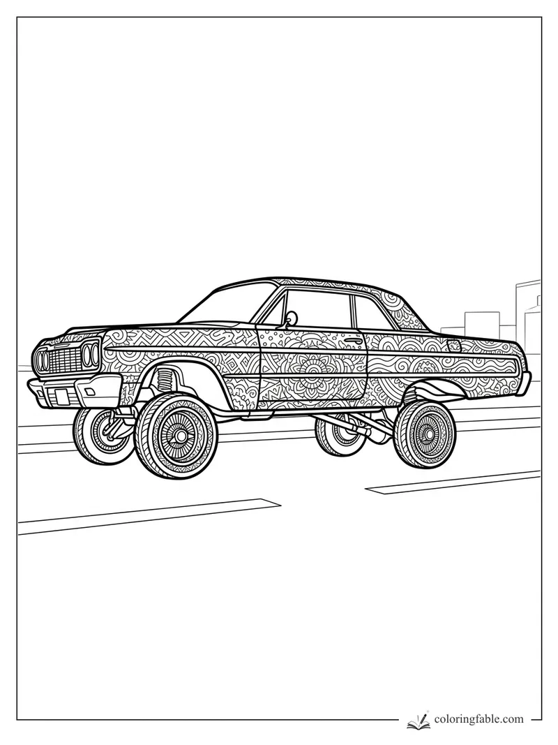Intricate zentangle lowrider car with raised suspension, patterned body panels, and city buildings behind it