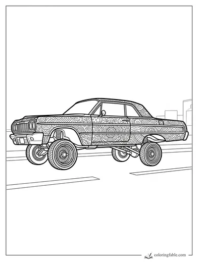 Intricate zentangle lowrider car with raised suspension, patterned body panels, and city buildings behind it