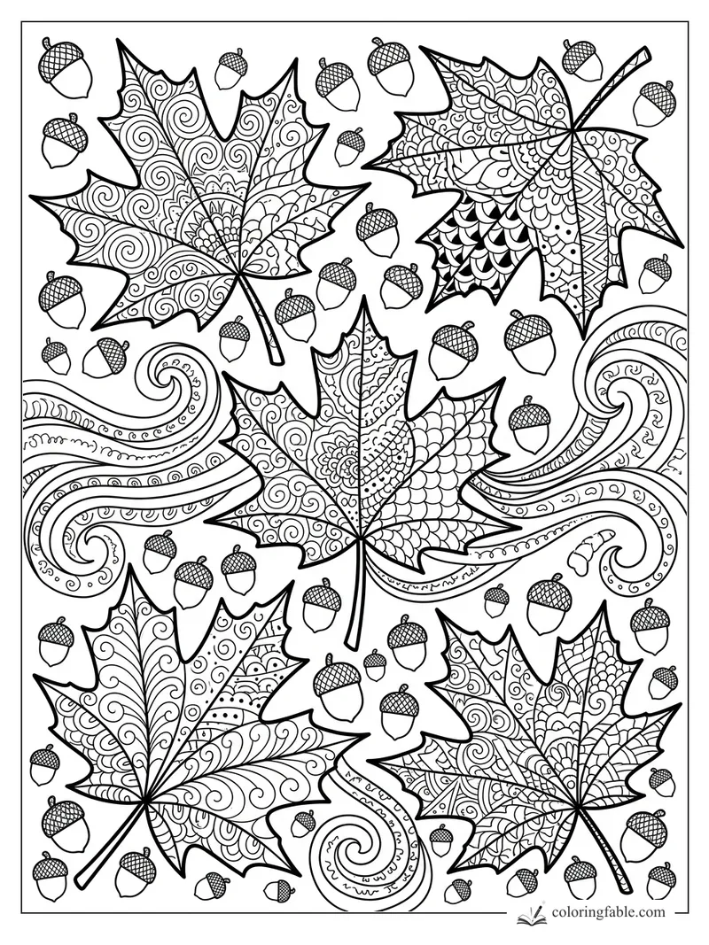 Intricate zentangle maple leaves, acorns, and curling October wind patterns to color