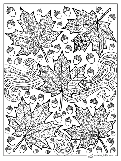 Intricate zentangle maple leaves, acorns, and curling October wind patterns to color