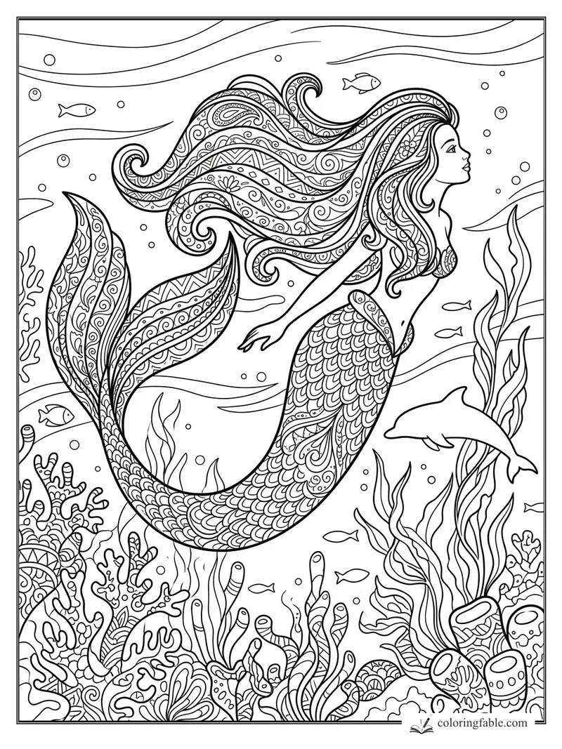 Intricate zentangle mermaid with flowing patterned hair, scaly tail, fish, dolphin, coral, and seaweed.