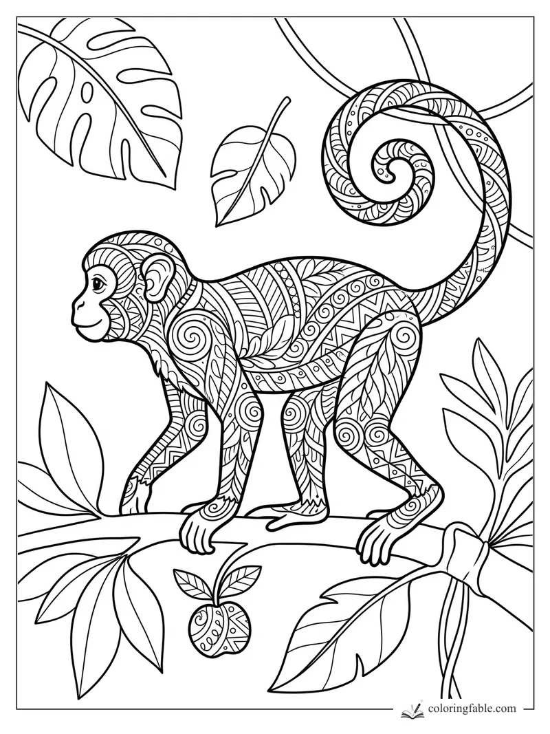 Intricate zentangle monkey on a branch with curled tail, tropical leaves, and a small patterned fruit.