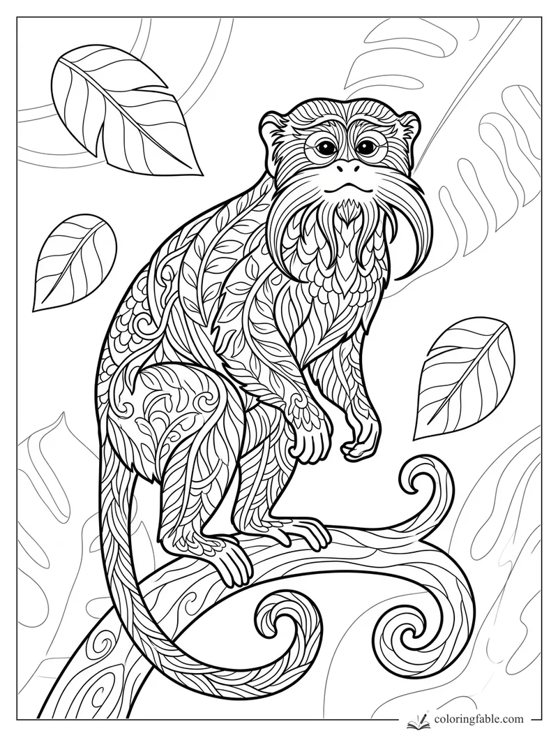 Intricate zentangle monkey perched on a curled branch with large leaves and patterned fur.