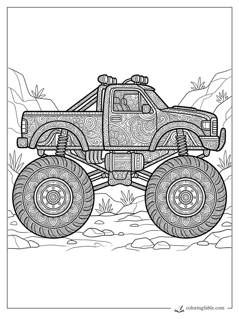 Intricate zentangle monster truck with huge patterned tires on a rocky desert trail