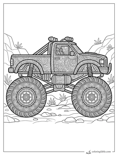 Intricate zentangle monster truck with huge patterned tires on a rocky desert trail