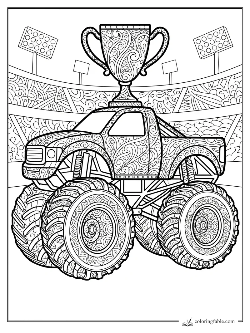 Intricate zentangle monster truck under a trophy in a stadium with floodlights
