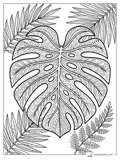 Intricate zentangle monstera leaf with palm fronds and fern sprays for summer coloring