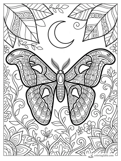 Intricate zentangle moth with patterned wings under a crescent moon, leaves, vines, and flowers