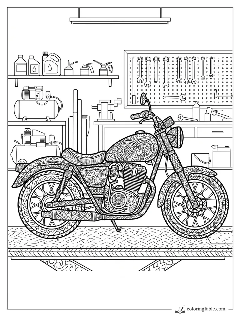 Intricate zentangle motorcycle on a repair lift with tools, oil cans, wrenches, and garage shelves.